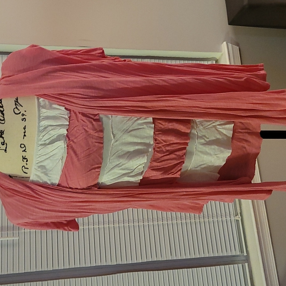 Andrea Missy Plus 1X Pink and White Short Sleeve Shirt/Cardigan